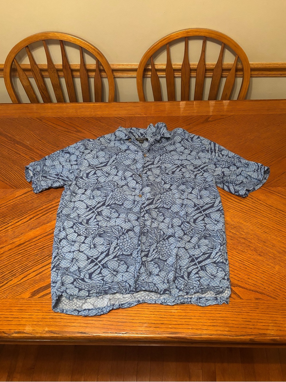 George Men's Blue Tropical Hawaiian Shirt Hibiscus Pineapple Rayon Size Medium